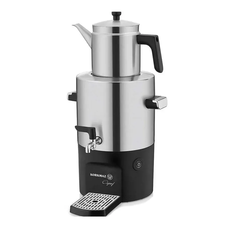korkmaz-caysef-841-iranhomeappliances سماور برقی 2000 وات 2.0 + 5.0 لیتر استیل مات چای شف کرکماز 841 | لوازم خانگی ایران