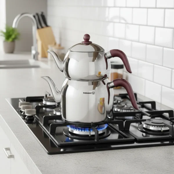 کتری و قوری 1.1 + 2.5 لیتر استیل براق رترو کرکماز 195 | لوازم خانگی ایران