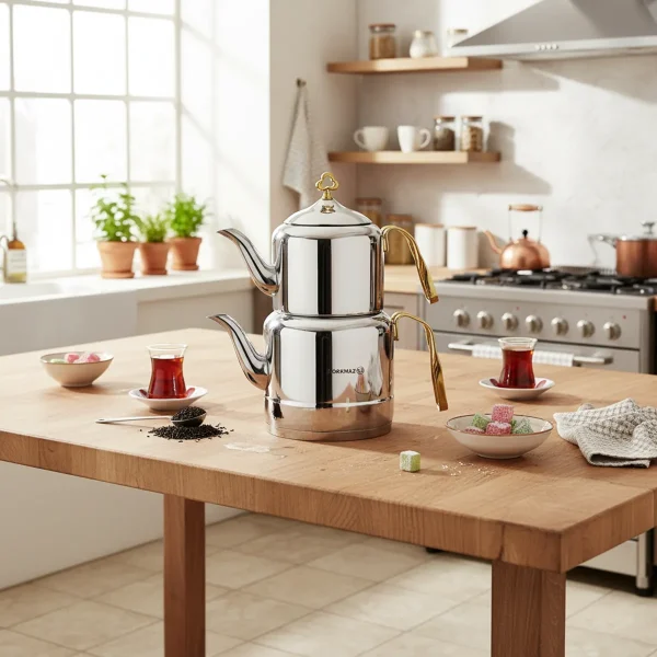 کتری و قوری 1.1 + 2.0 لیتر استیل براق چینتمانی کرکماز 212 | لوازم خانگی ایران