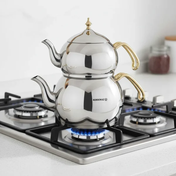 کتری و قوری 1.1 + 2.0 لیتر استیل براق هاندان کرکماز 222-01 | لوازم خانگی ایران