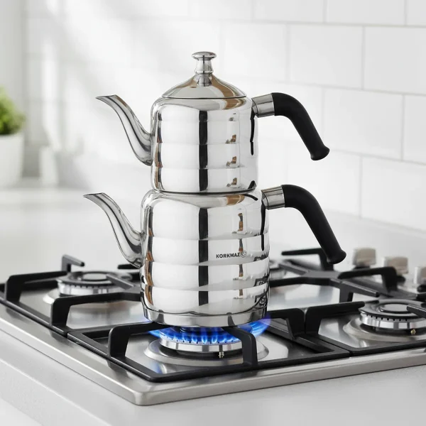 کتری و قوری 0.8 + 1.6 لیتر استیل براق مینا میدی کرکماز 035 | لوازم خانگی ایران