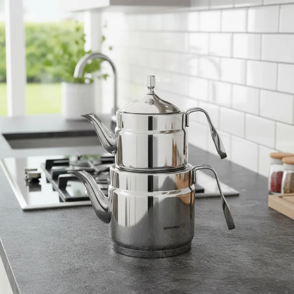 کتری و قوری 0.9 + 1.6 لیتر استیل براق نوستالژی میدی کرکماز 228 | لوازم خانگی ایران