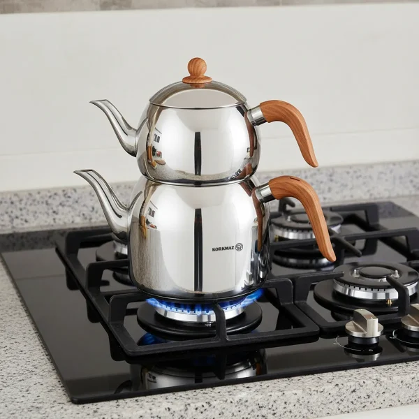 کتری و قوری 1.1 + 2.5 لیتر استیل براق رترو کرکماز 196 | لوازم خانگی ایران